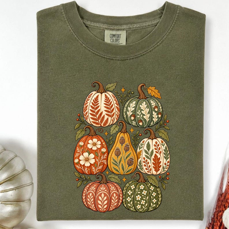 Vintage Botanical Pumpkin Comfort Colors T-Shirt, Folk Art Autumn Print