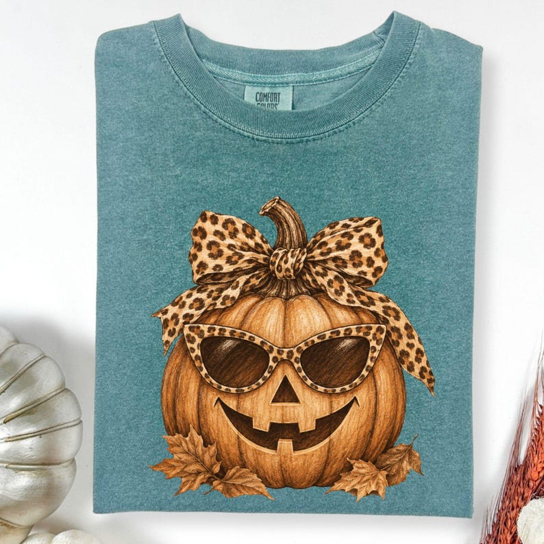 Comfort Colors Leopard Pumpkin Shirt, Cute Jack O Lantern Bow Tee, Girly Halloween Fall Graphic Shirt, Pumpkin Spice Season Gift