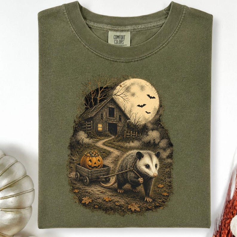 Comfort Vintage Opossum Halloween Shirt, Cute Possum Pumpkin Tee, Spooky Moon Comfort Colors Fall Graphic Shirt