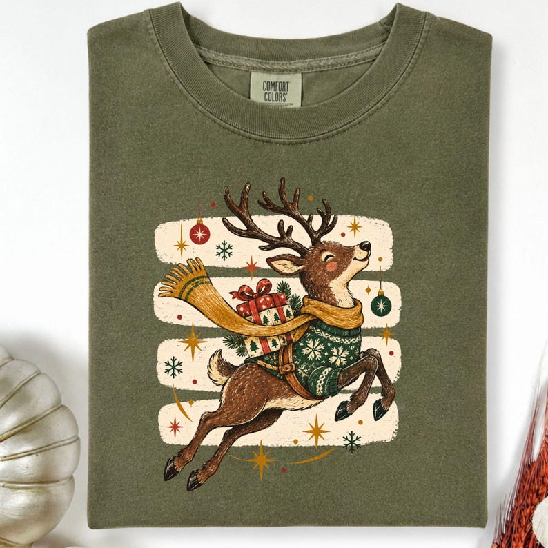 Comford Reindeer  shirt, Cute Christmas tShirt, Retro Reindeer, Merry Christmas Tee Shirt, Christmas Reindeer Shirt Gift,Xmas Long Sleeve