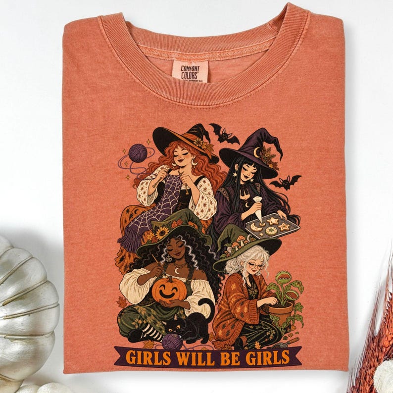 Vintage Comfort Colors Girls Will Be Girls Witch Shirt, Witchy Vibes Shirt, Funny Witch Vintage Shirt, Vintage Halloween Women Shirt,