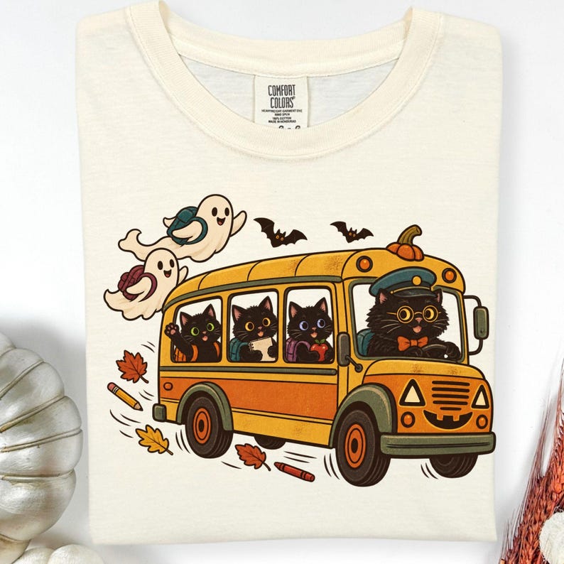 Comfort Color Halloween Back To School Shirt, Next Stop Spooky Season Ghost School Bus Tee, Cute Teacher Fall Shirt, Vintage Halloween Gift