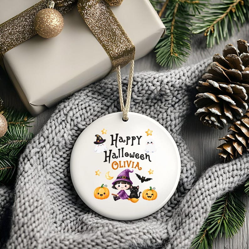 Personalized Halloween Ornament, Cute Witch Keepsake, Custom Kids Christmas Ornament