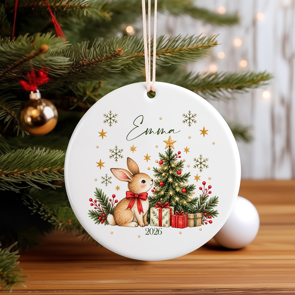 Personalized Christmas Ornament – Name & Year (Bunny & Gifts, Round)