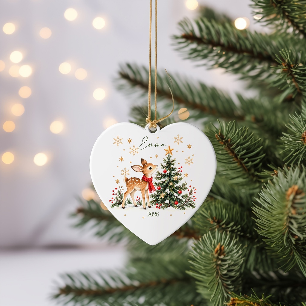 Little fawn heart ornament with name and year