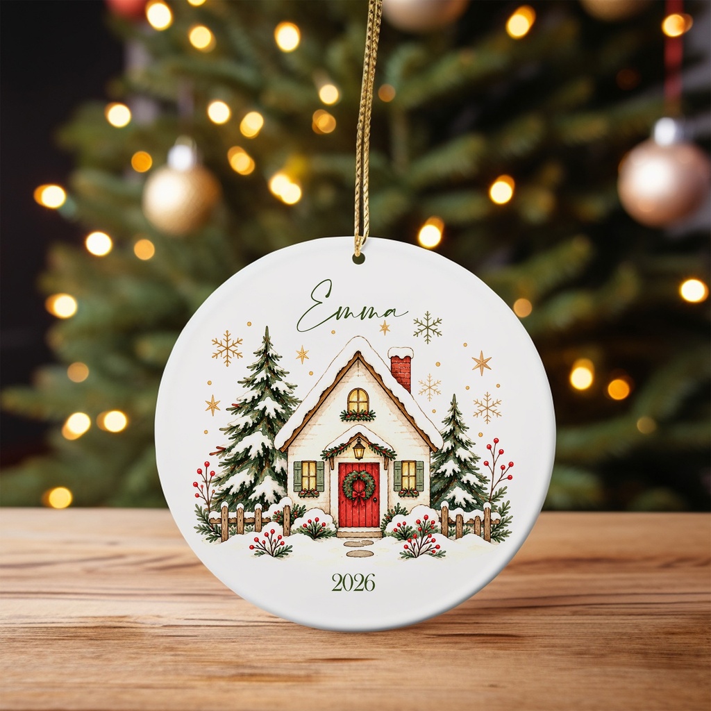 Snowy cottage personalized ornament