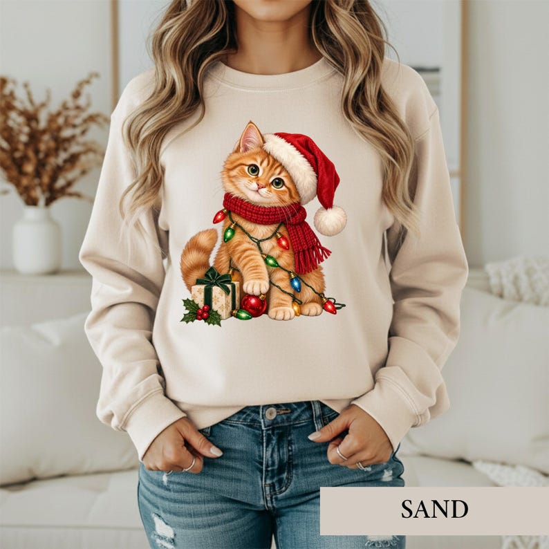 Ginger Cat Christmas Sweatshirt, Cute Holiday Cats Crewneck, Cozy Sweater Santa Hat Cat Christmas Shirt, Cat Lover Gift