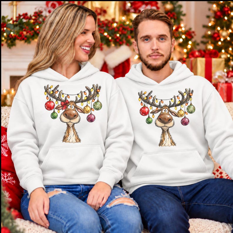 Vintage Reindeer Christmas Sweatshirt, Funny Couple Christmas Tee, Couples Sweaters, Merry Christmas Hoodie, Xmas Gift For Her & Him Tee