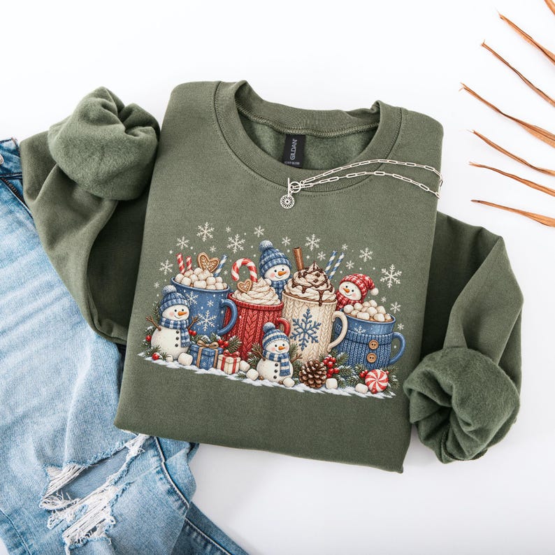 Festive Snowman Hot Chocolate Christmas Sweatshirt, Winter Coffee Mugs Sweatshirt, Cozy Holiday Sweets Pullover, Womens Xmas Apparel Gift