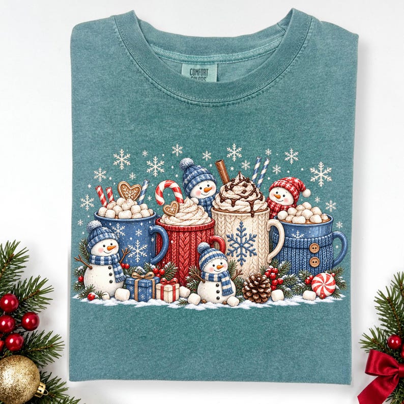 Comfort Colors® Festive Snowman Hot Chocolate Christmas Shirt, Winter Coffee Mugs Shirt, Cozy Holiday Sweets Shirt, Womens Xmas Apparel Gift