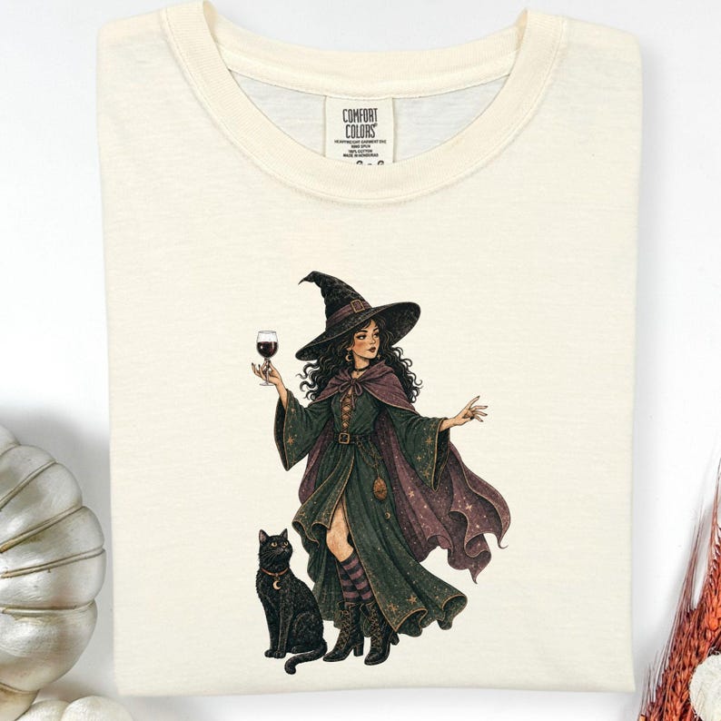 Cat Ringer Tee & Vintage Witch  Halloween Shirt, Halloween Black Cat Graphic, Spooky Fall Pumpkin Shirt, Retro Witchy Salem Halloween Top